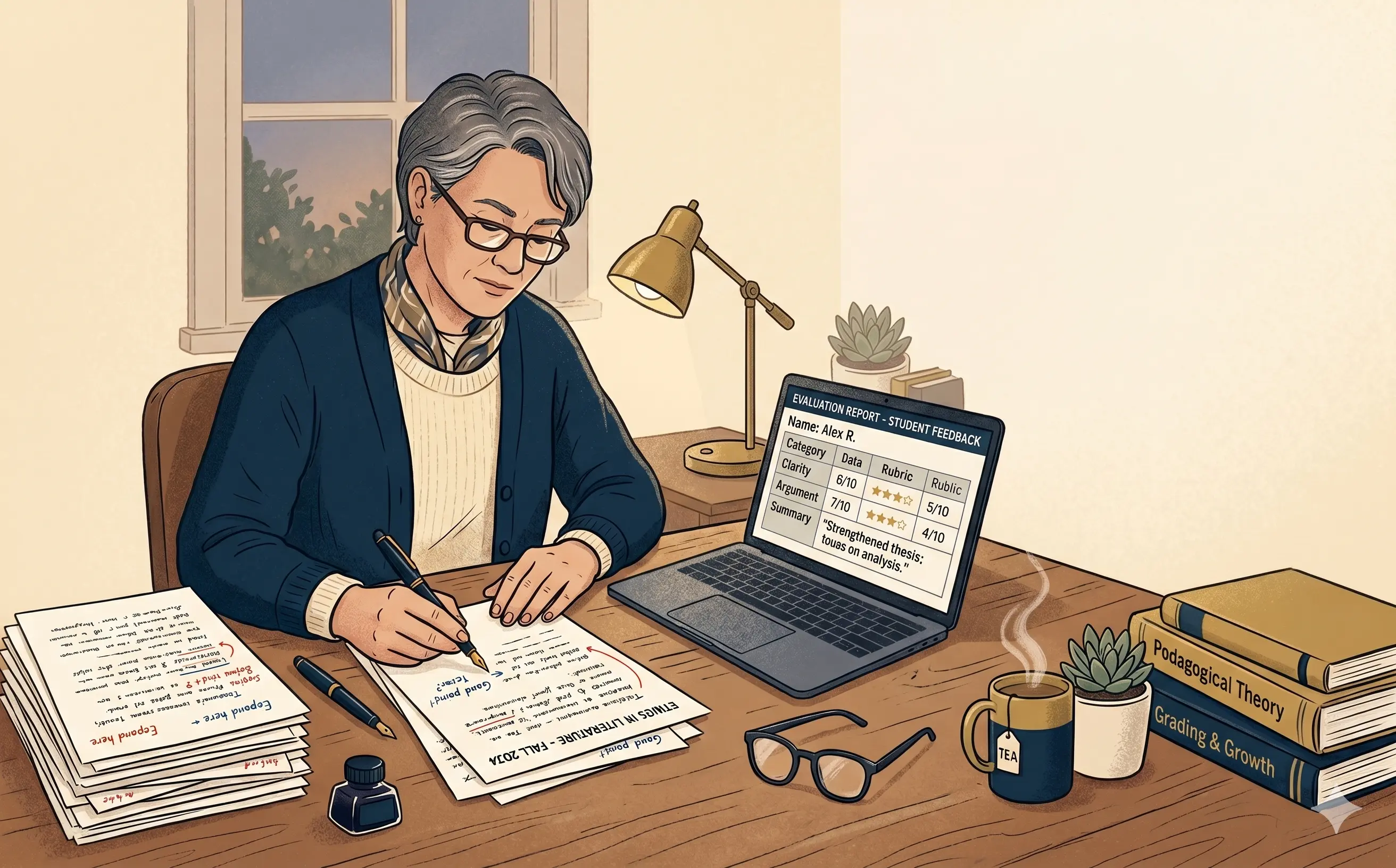 Editorial illustration of a professor reviewing student work — VerityVerify AI academic evaluator